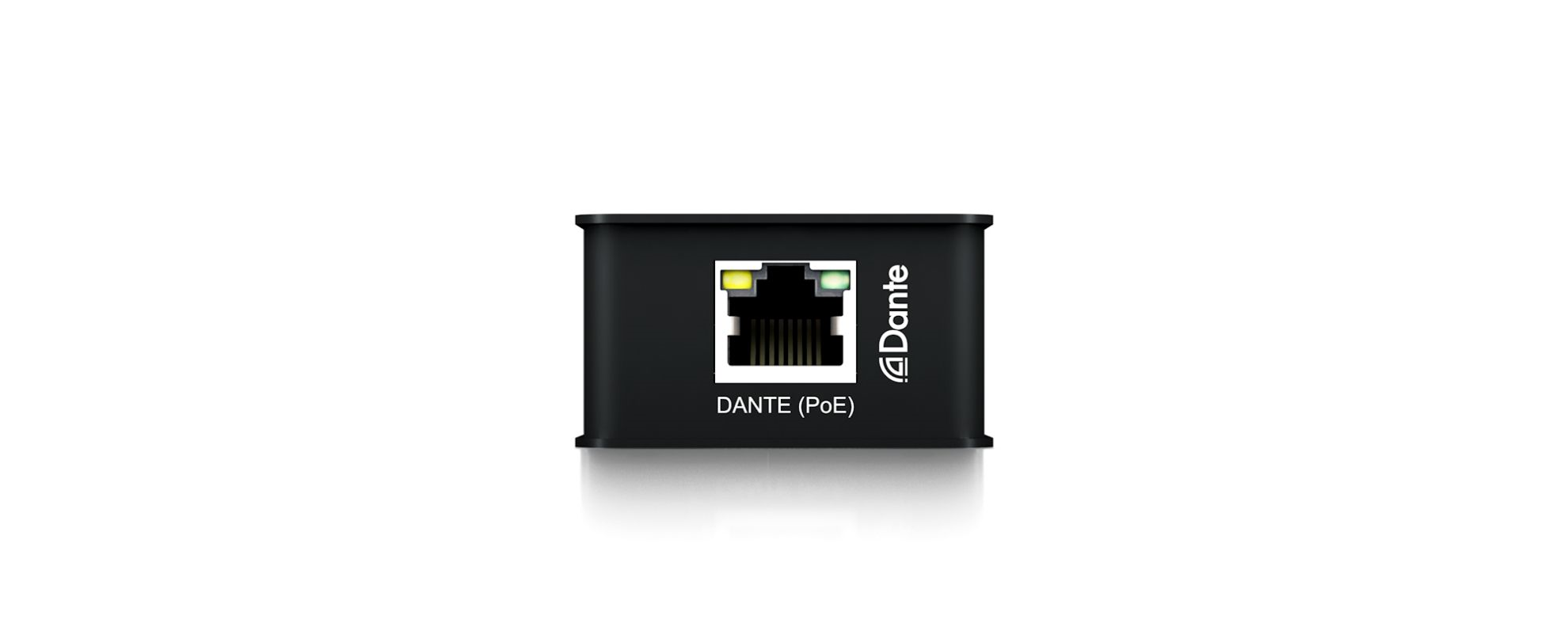 Black Dante PoE network device with Ethernet port and Dante branding on a white background.