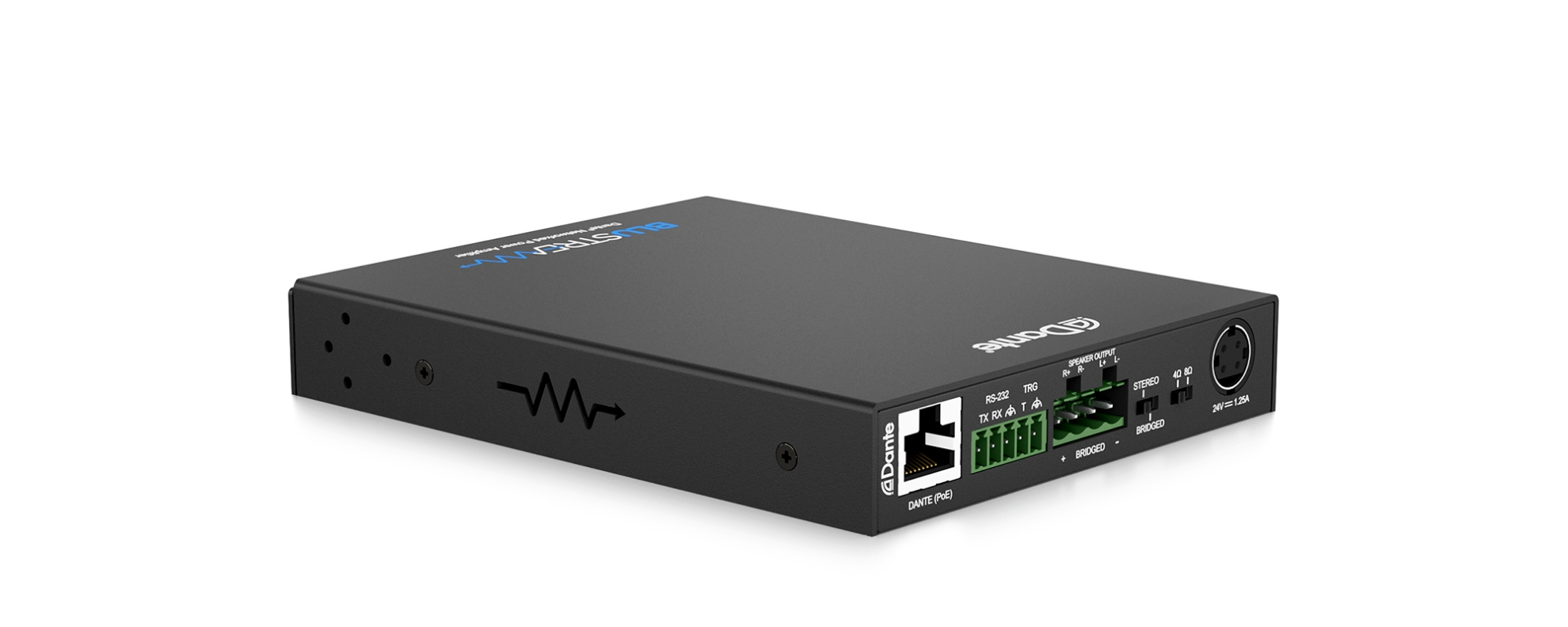 Compact black Dante (PoE) network interface box seen from a diagonal front-right angle with Ethernet ports and a round power connector.